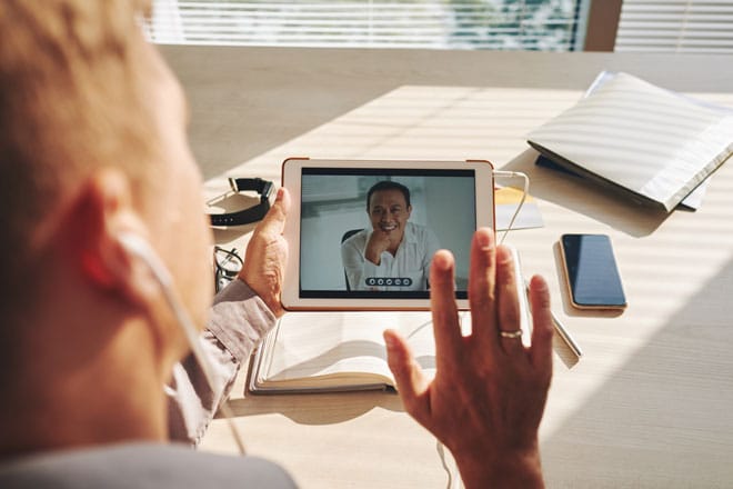 telehealth video conference on tablet with speech therapist